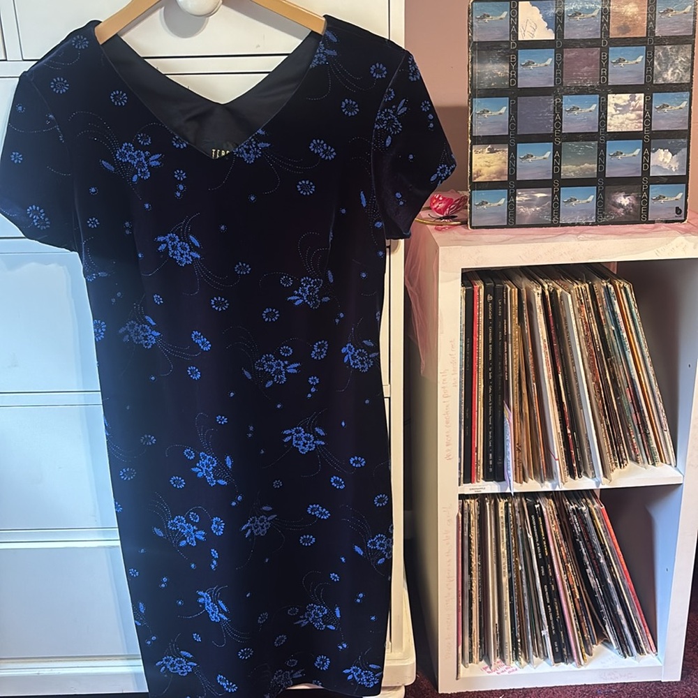 Vintage 90s Velvet Printed Floral Glitter Sleeves Short Blue Y2K 10 M Baddie Hot